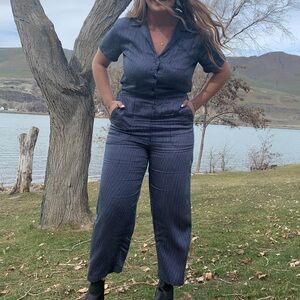 LACAUSA Navy and White Pinstripe Jumpsuit